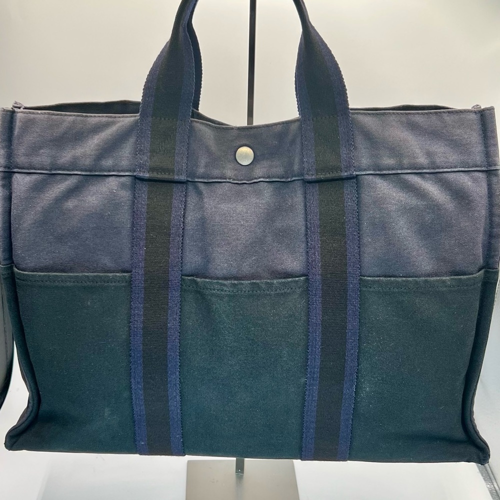 Hermes Navy and Black Canvas Tote